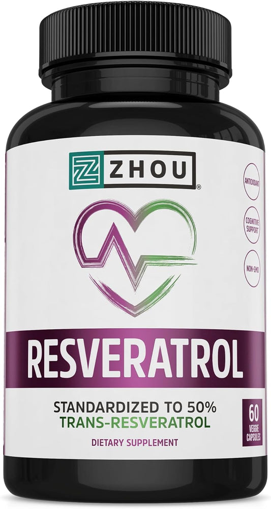 Zhou Resveratrol Supplement | Supports Healthy Aging, Immune System & Heart Health | Antioxidant Benefits | 30 Servings, 60 Veg Caps