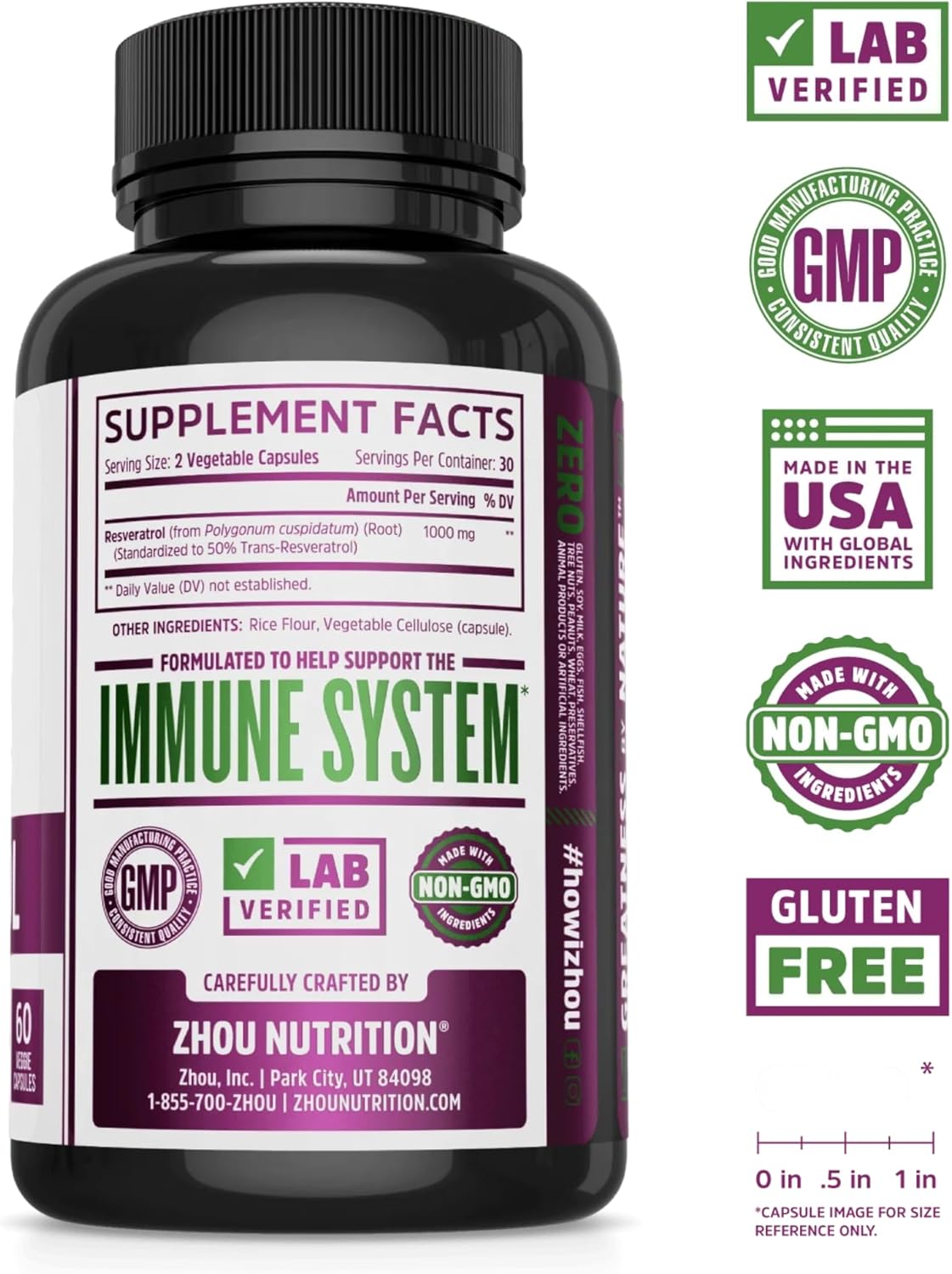 Zhou Resveratrol Supplement | Supports Healthy Aging, Immune System & Heart Health | Antioxidant Benefits | 30 Servings, 60 Veg Caps