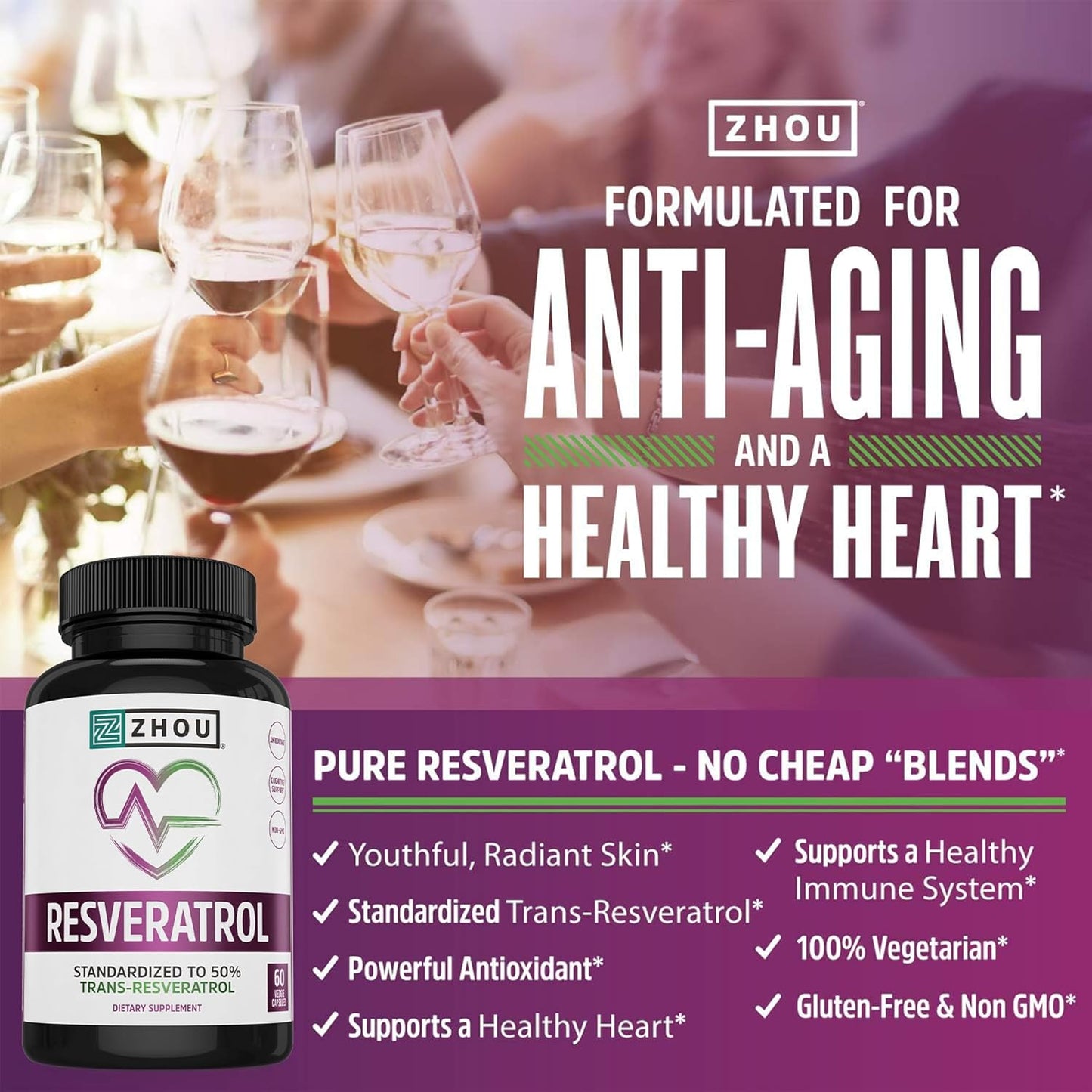 Zhou Resveratrol Supplement | Supports Healthy Aging, Immune System & Heart Health | Antioxidant Benefits | 30 Servings, 60 Veg Caps