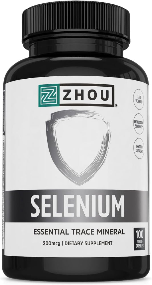 Zhou Selenium 200mcg Capsules - Supports Thyroid, Prostate, & Heart Health - High Absorption Trace Mineral - Non-Yeast Formula - 100 Vegetarian Capsules
