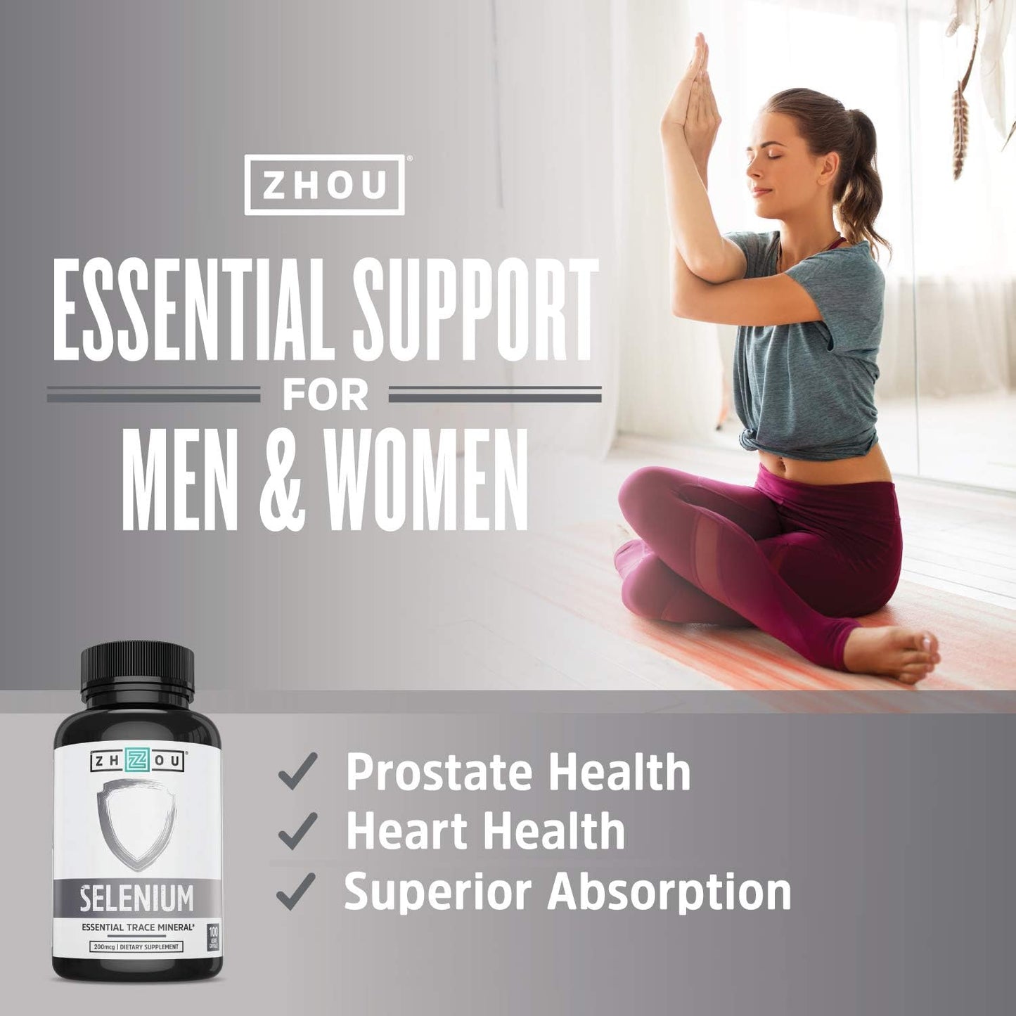 Zhou Selenium 200mcg Capsules - Supports Thyroid, Prostate, & Heart Health - High Absorption Trace Mineral - Non-Yeast Formula - 100 Vegetarian Capsules