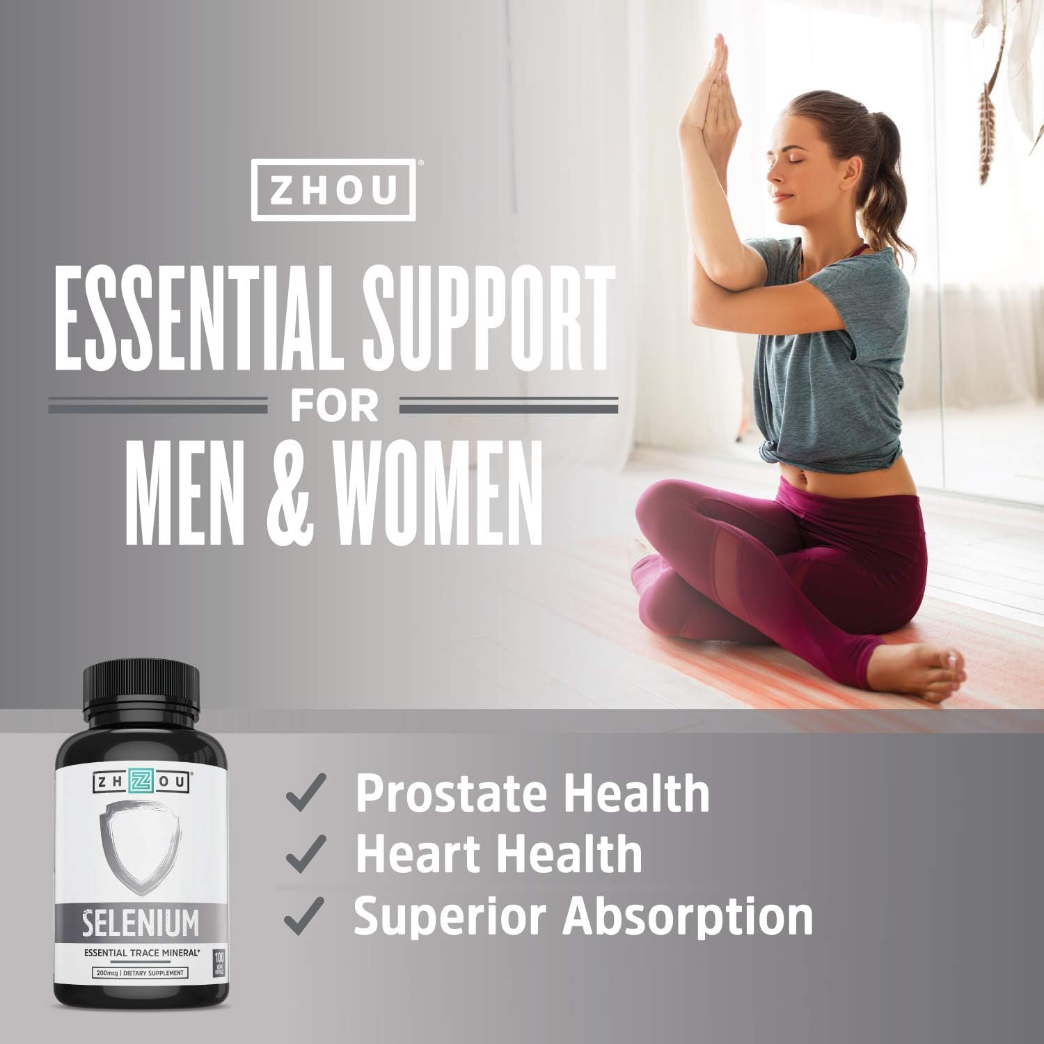 Zhou Selenium 200mcg Capsules - Supports Thyroid, Prostate, & Heart Health - High Absorption Trace Mineral - Non-Yeast Formula - 100 Vegetarian Capsules