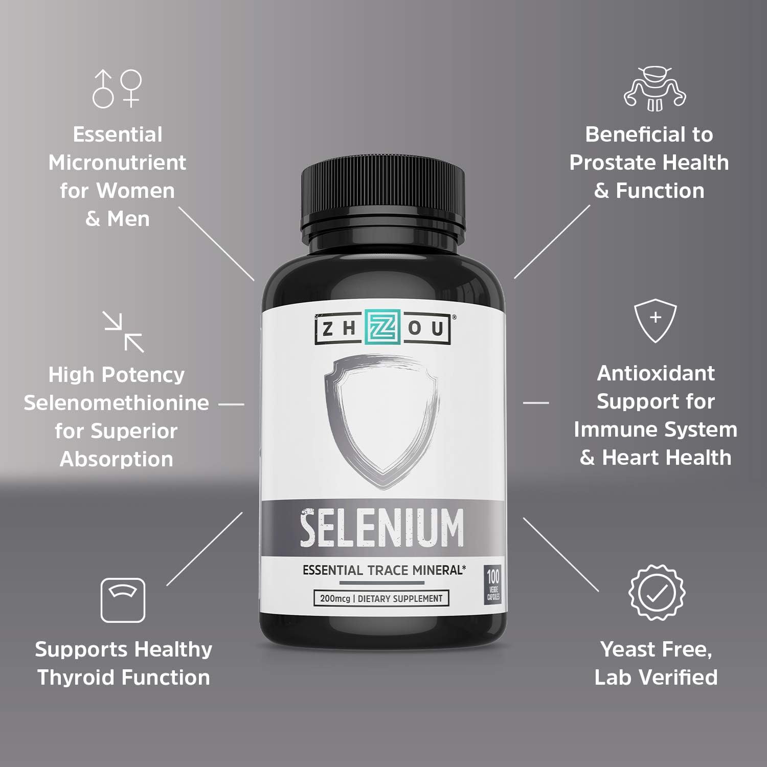 Zhou Selenium 200mcg Capsules - Supports Thyroid, Prostate, & Heart Health - High Absorption Trace Mineral - Non-Yeast Formula - 100 Vegetarian Capsules