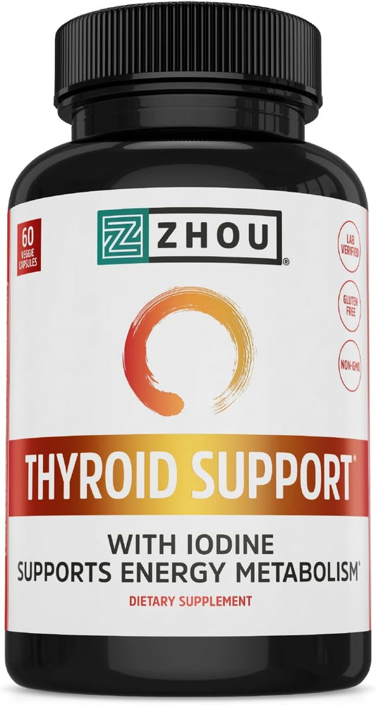 Zhou Thyroid Support Complex: Boost Energy, Combat Brain Fog with B12, Iodine, Magnesium, Zinc, Selenium - 60 Capsules