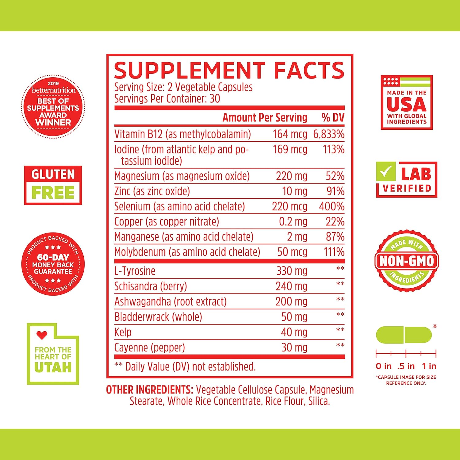 Zhou Thyroid Support Complex: Boost Energy, Combat Brain Fog with B12, Iodine, Magnesium, Zinc, Selenium - 60 Capsules