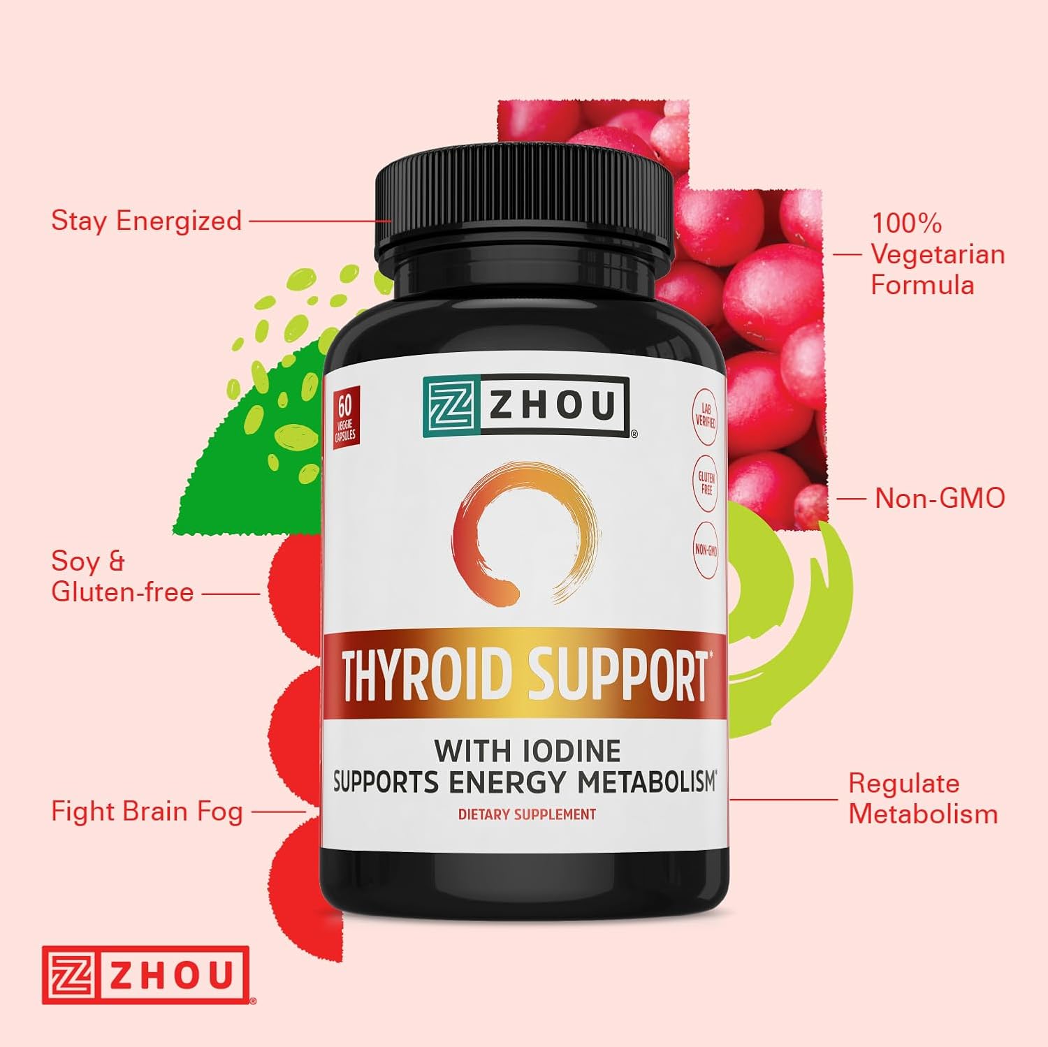 Zhou Thyroid Support Complex: Boost Energy, Combat Brain Fog with B12, Iodine, Magnesium, Zinc, Selenium - 60 Capsules