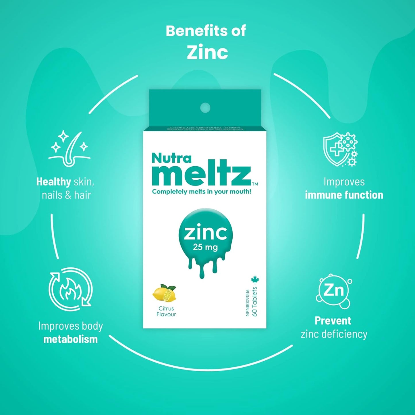 Zinc 25mg Dietary Supplement for Immune Support, Hair, Nails, Metabolism - Lemon Flavor, 60 Quick Dissolving Tablets