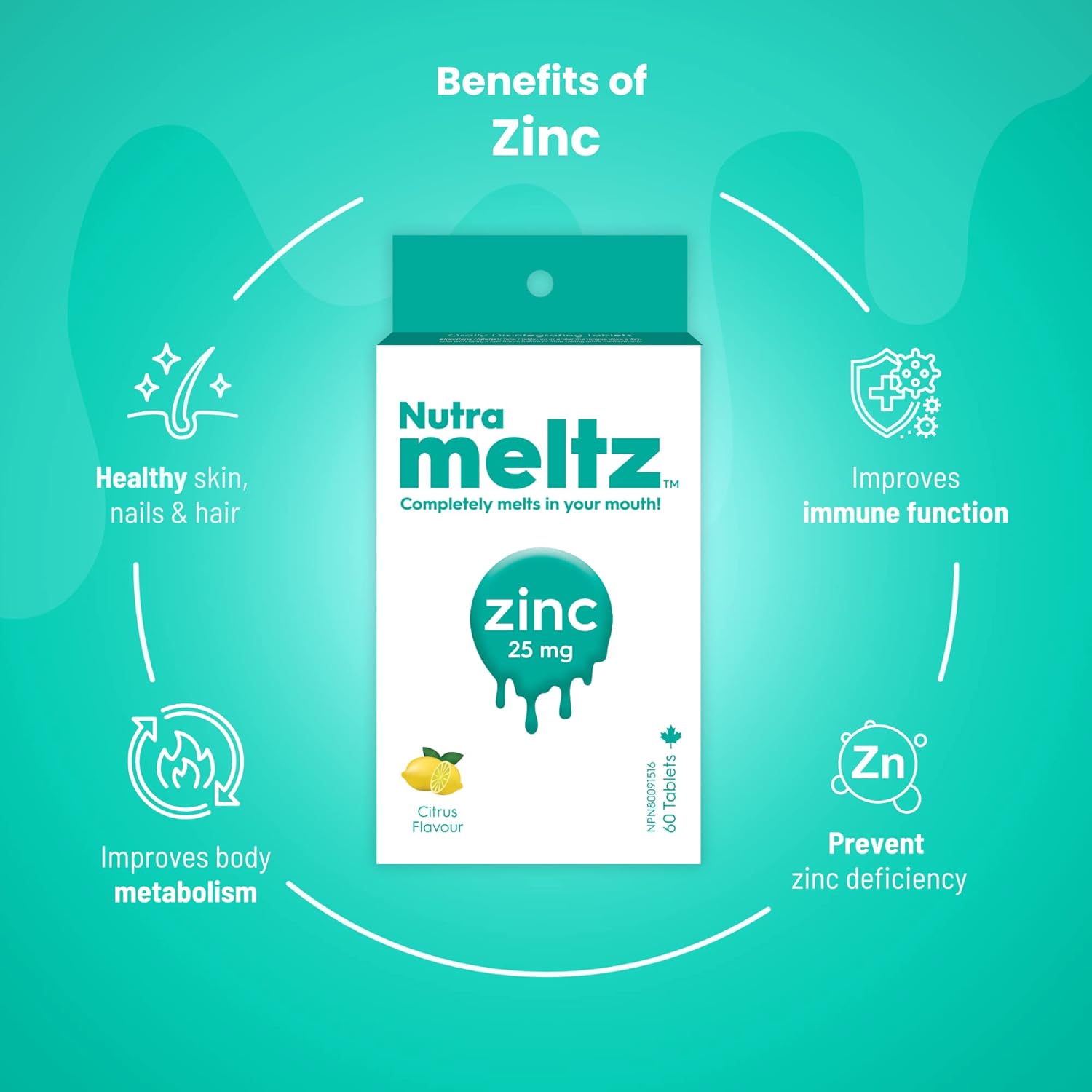 Zinc 25mg Dietary Supplement for Immune Support, Hair, Nails, Metabolism - Lemon Flavor, 60 Quick Dissolving Tablets