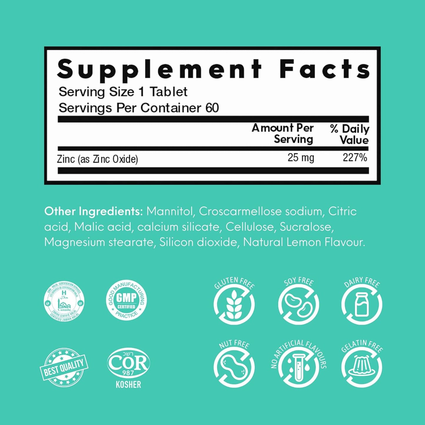 Zinc 25mg Dietary Supplement for Immune Support, Hair, Nails, Metabolism - Lemon Flavor, 60 Quick Dissolving Tablets