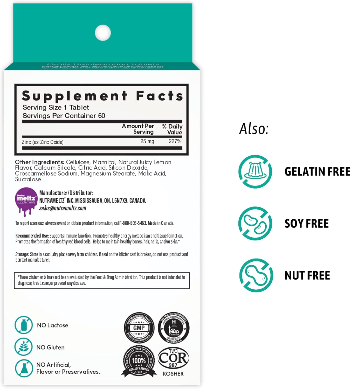 Zinc 25mg Dietary Supplement for Immune Support, Hair, Nails, Metabolism - Lemon Flavor, 60 Quick Dissolving Tablets