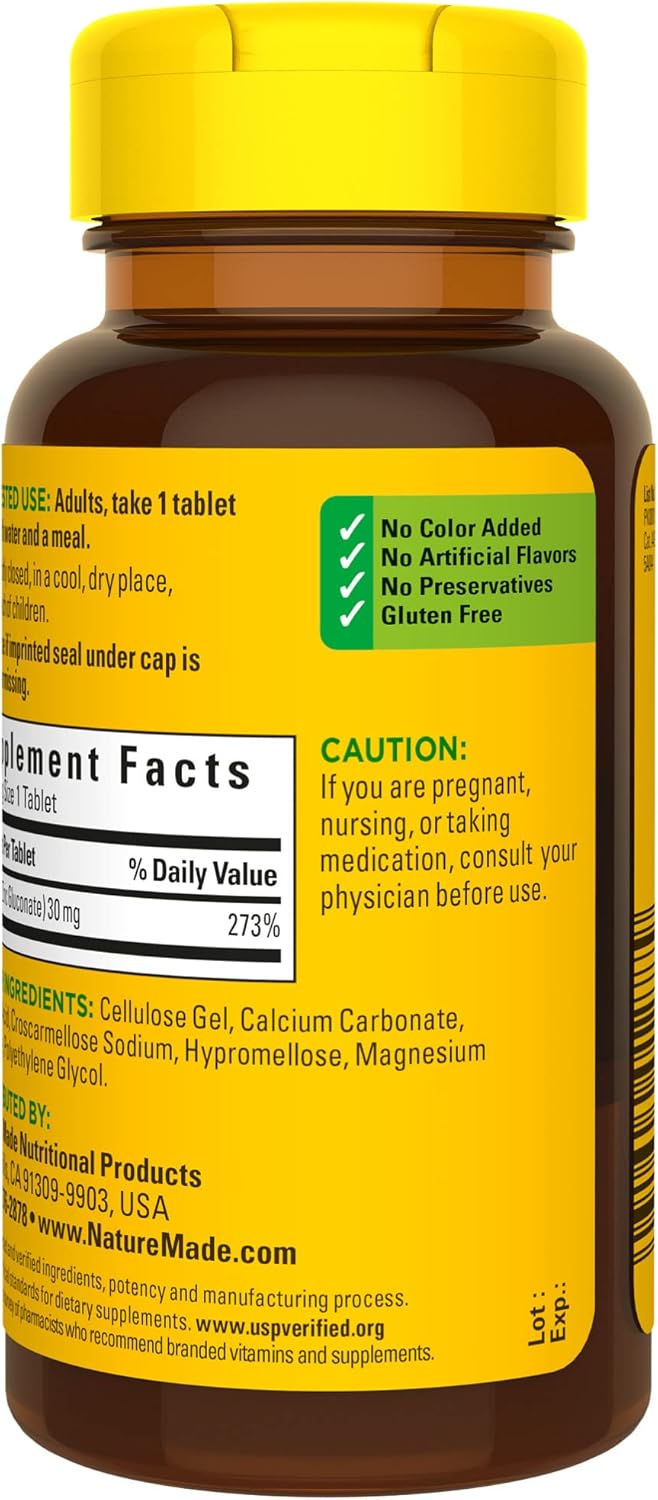 Zinc 30mg Supplement for Immune Health and Antioxidant Support - 100 Tablets