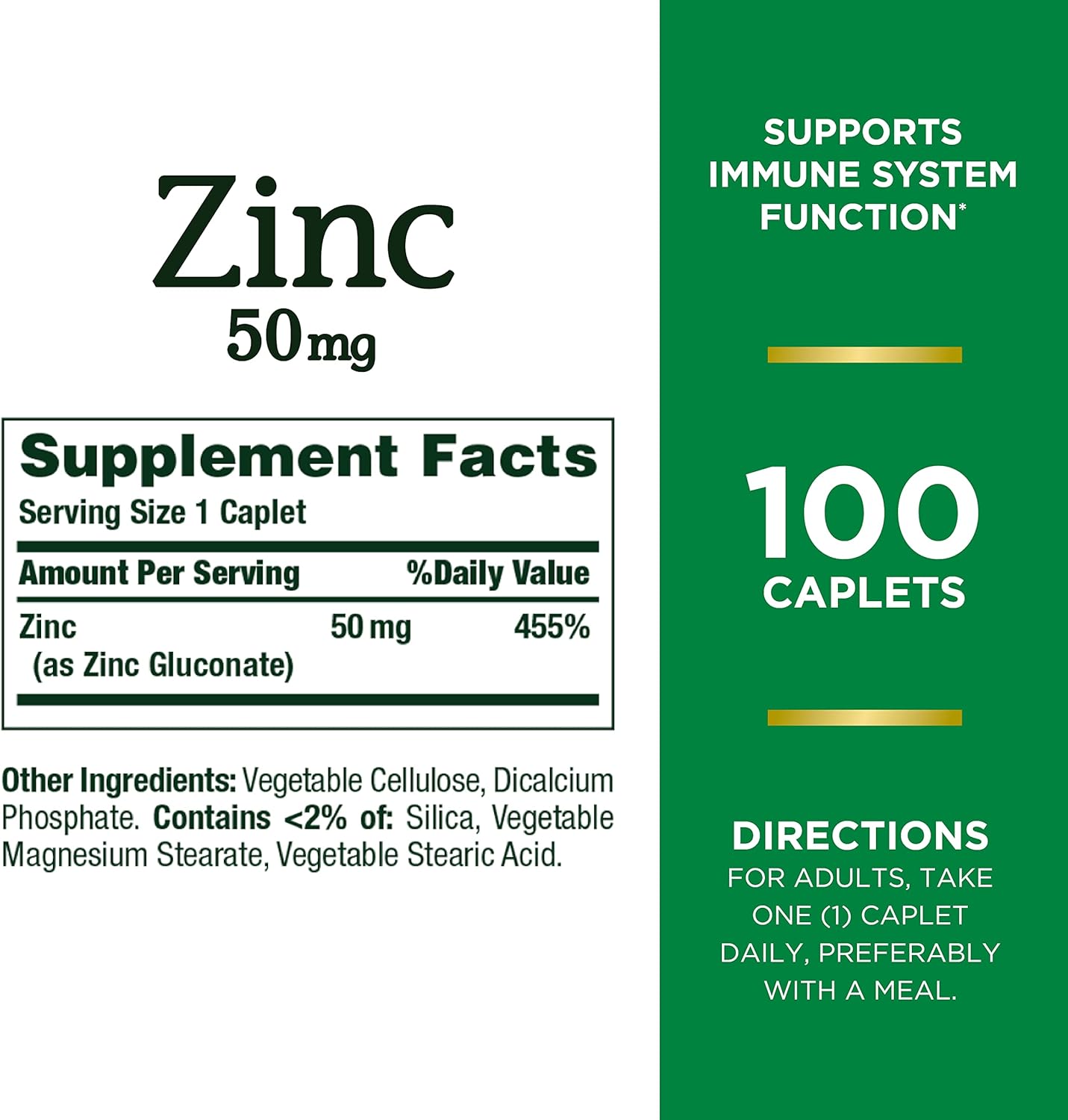 Zinc 50mg Caplets - Immune System Support Dietary Supplement - 100 Count