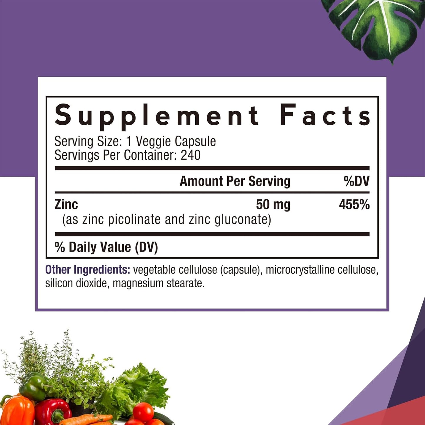 Zinc 50mg Capsules for Immune Defense, DNA & Protein Formation, Cell Growth - Non-GMO, 240 Veggie Capsules