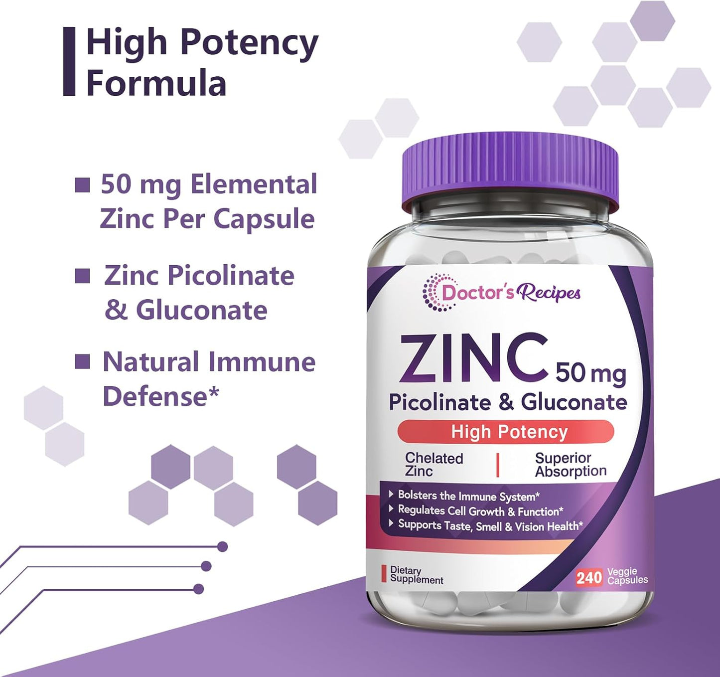 Zinc 50mg Capsules for Immune Defense, DNA & Protein Formation, Cell Growth - Non-GMO, 240 Veggie Capsules