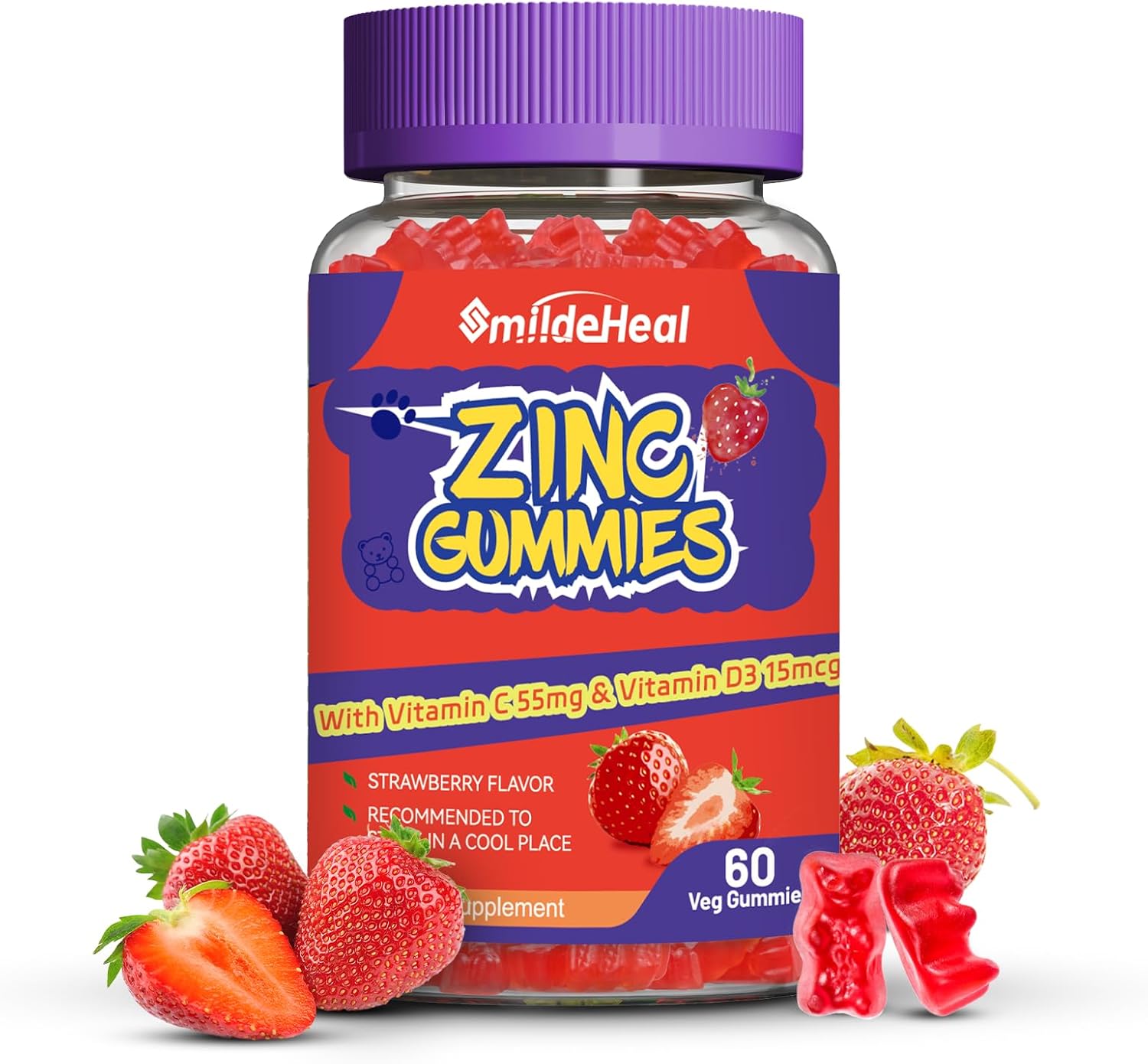 Zinc 50mg Gummies with Vitamin C and D3, Strawberry Flavor, Non-GMO, Gluten Free - 60 Count