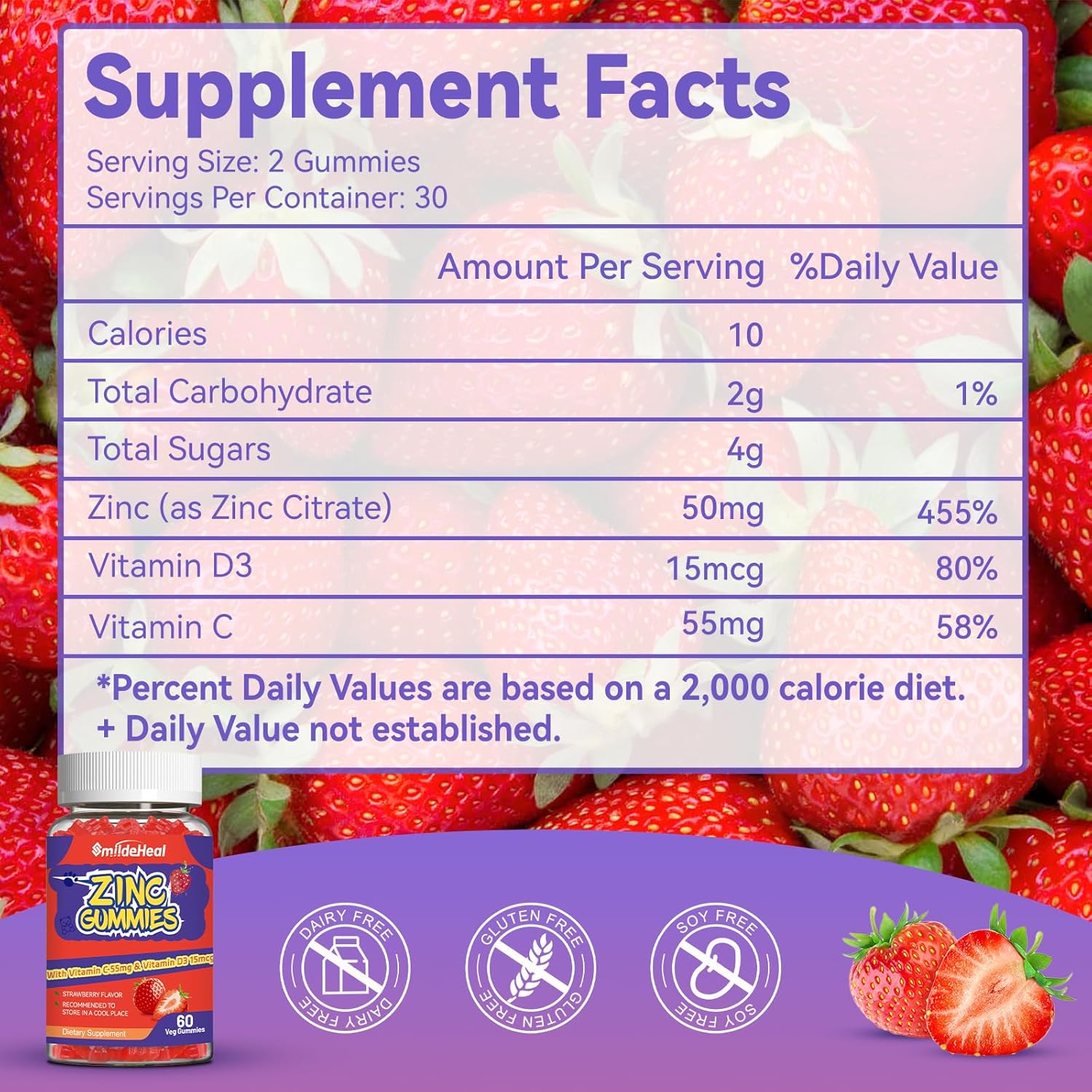 Zinc 50mg Gummies with Vitamin C and D3, Strawberry Flavor, Non-GMO, Gluten Free - 60 Count
