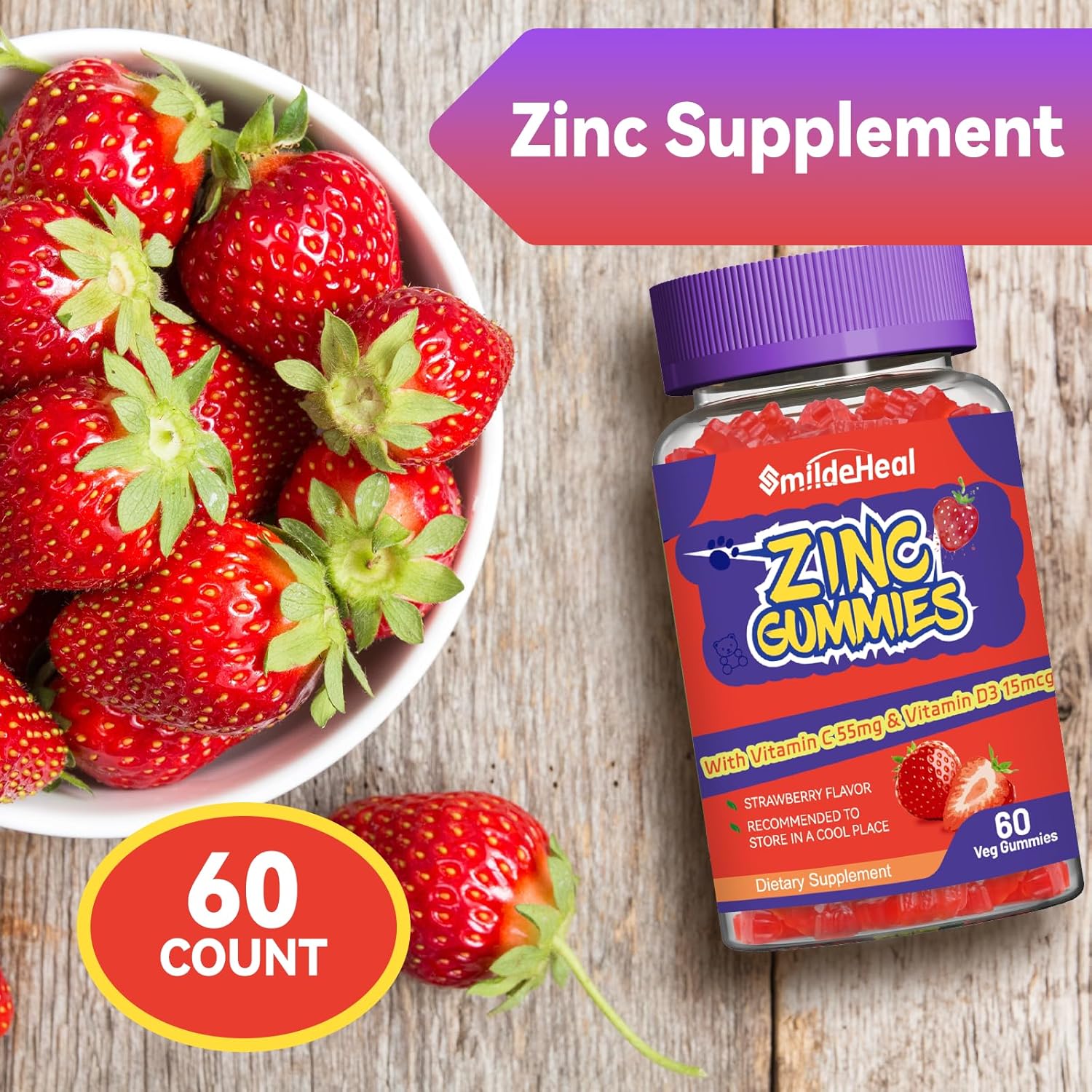 Zinc 50mg Gummies with Vitamin C and D3, Strawberry Flavor, Non-GMO, Gluten Free - 60 Count