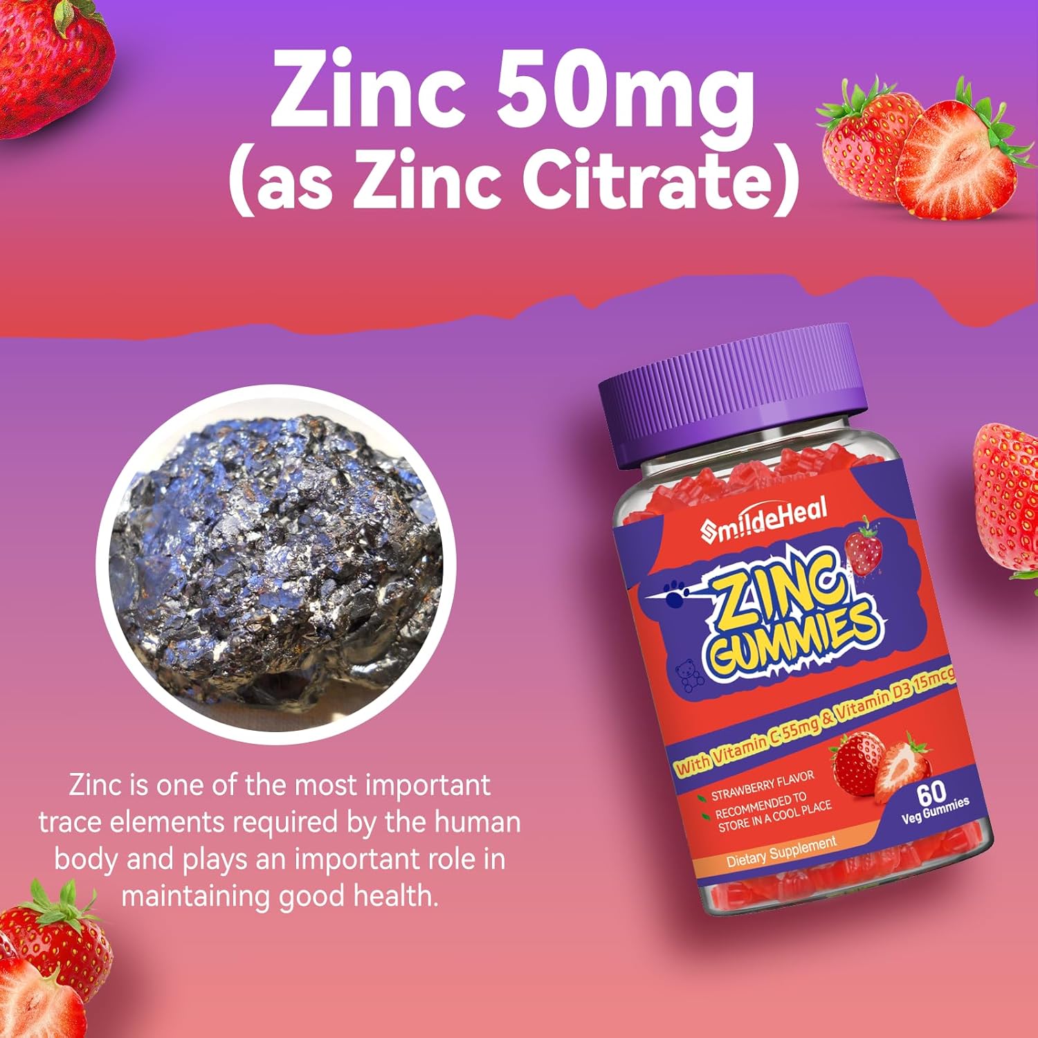 Zinc 50mg Gummies with Vitamin C and D3, Strawberry Flavor, Non-GMO, Gluten Free - 60 Count