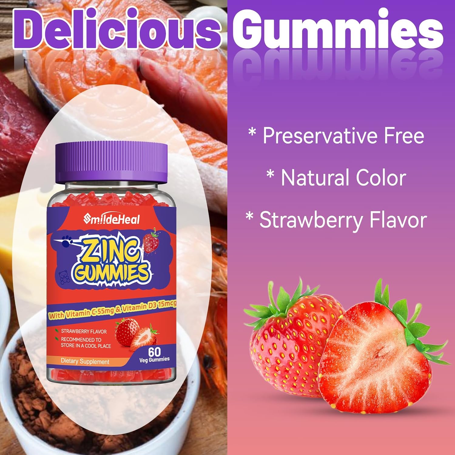 Zinc 50mg Gummies with Vitamin C and D3, Strawberry Flavor, Non-GMO, Gluten Free - 60 Count