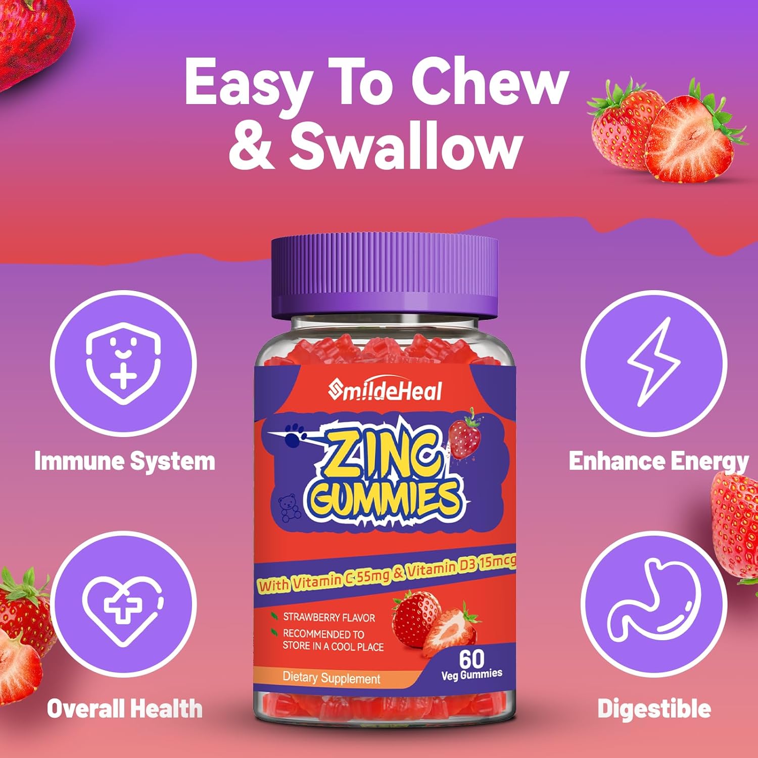 Zinc 50mg Gummies with Vitamin C and D3, Strawberry Flavor, Non-GMO, Gluten Free - 60 Count