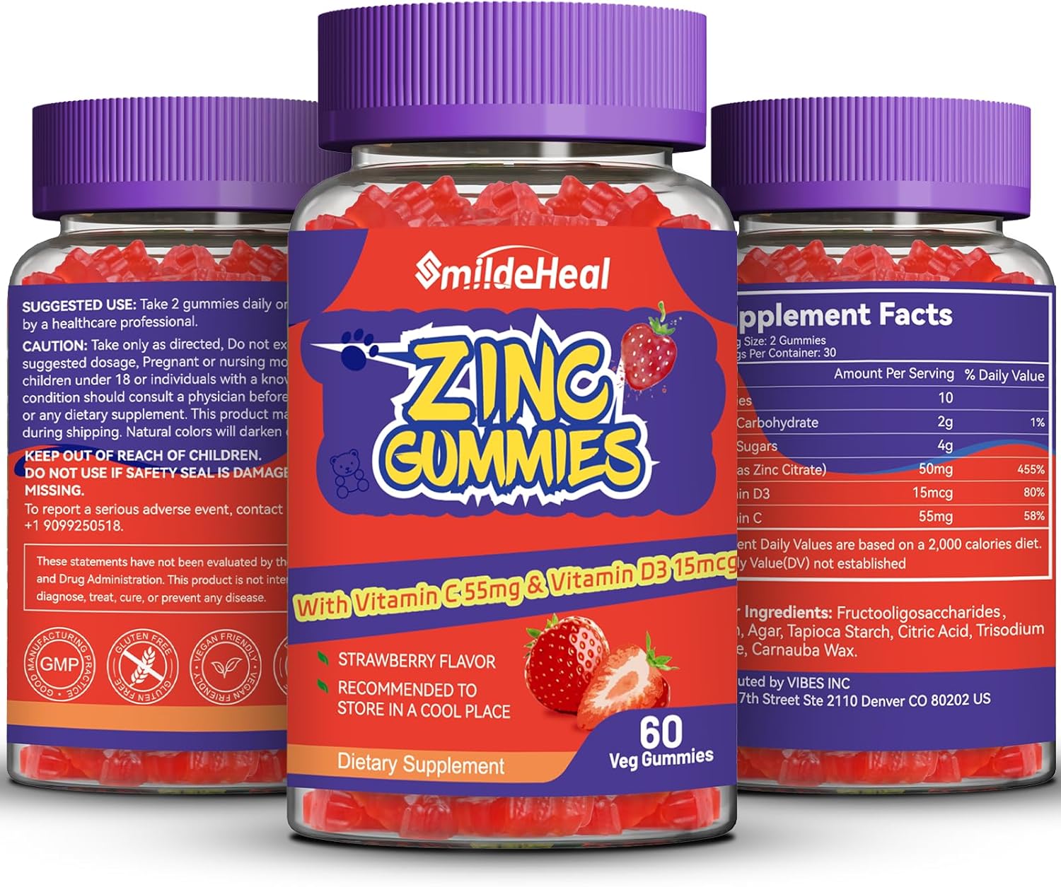 Zinc 50mg Gummies with Vitamin C and D3, Strawberry Flavor, Non-GMO, Gluten Free - 60 Count