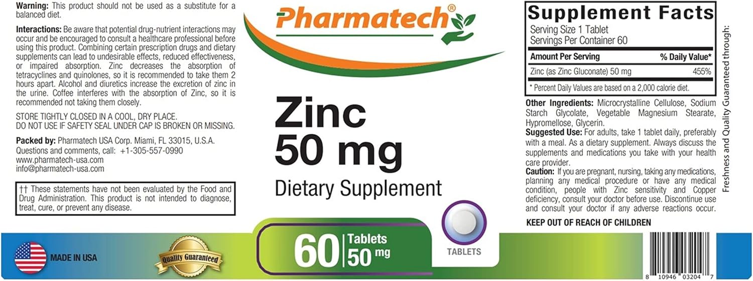 Zinc 50mg Immune Support Supplement, Chelated Gluconate Mineral Antioxidant for Men and Women, Acne Treatment, 60 Tablets, Easy to Swallow