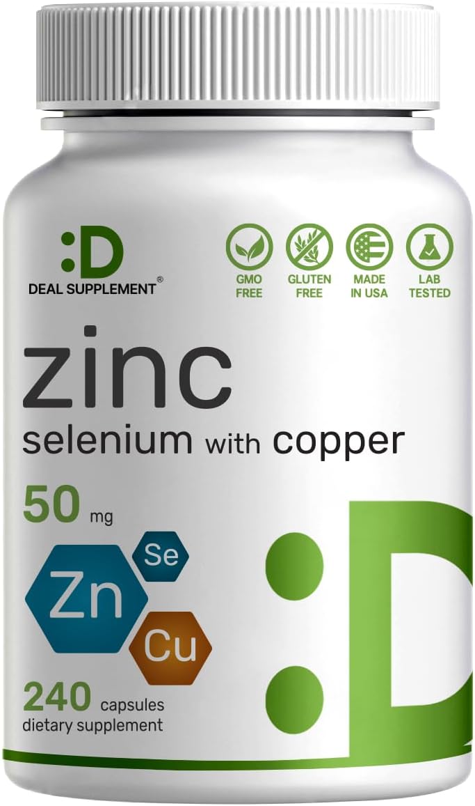 Zinc 50mg Supplement with Selenium, Copper, 240 Capsules - 8 Month Supply, 3-in-1 Mineral Formula for Healthy Immune System