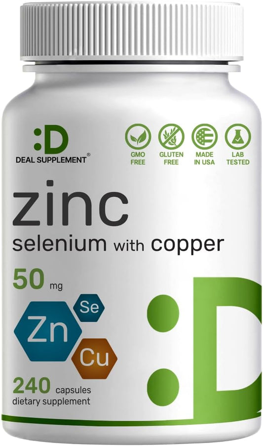 Zinc 50mg Supplement with Selenium, Copper, 240 Capsules - 8 Month Supply, 3-in-1 Mineral Formula for Healthy Immune System