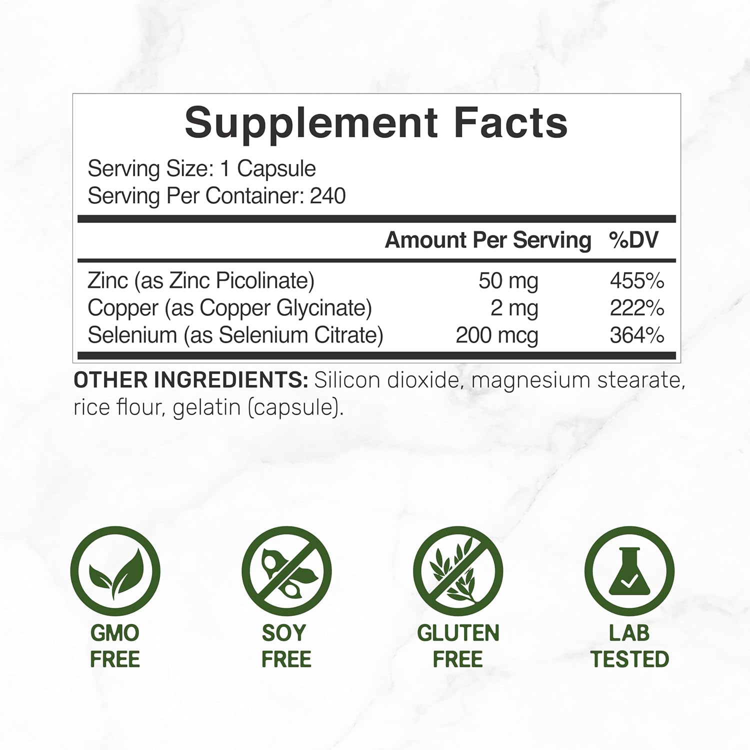 Zinc 50mg Supplement with Selenium, Copper, 240 Capsules - 8 Month Supply, 3-in-1 Mineral Formula for Healthy Immune System