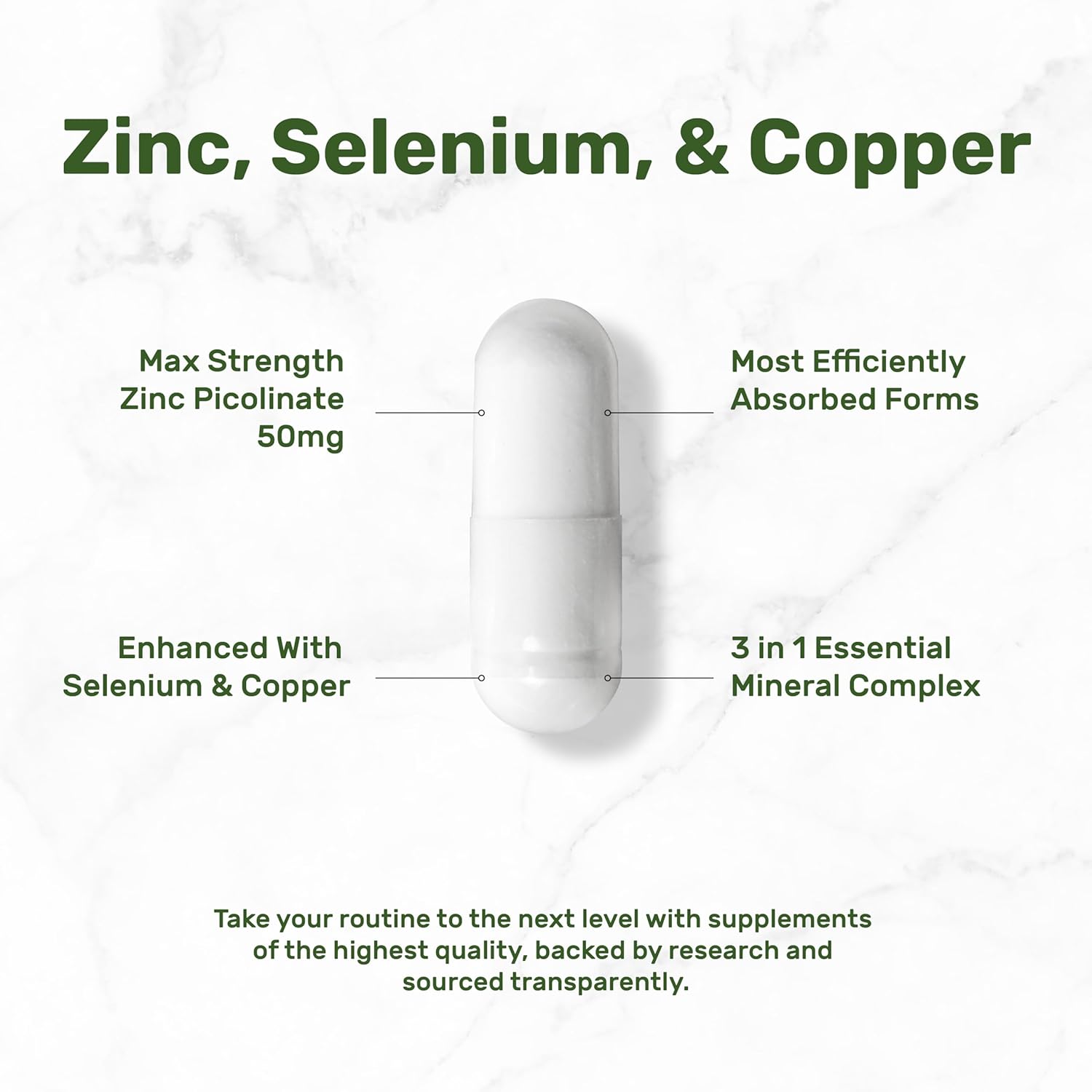 Zinc 50mg Supplement with Selenium, Copper, 240 Capsules - 8 Month Supply, 3-in-1 Mineral Formula for Healthy Immune System
