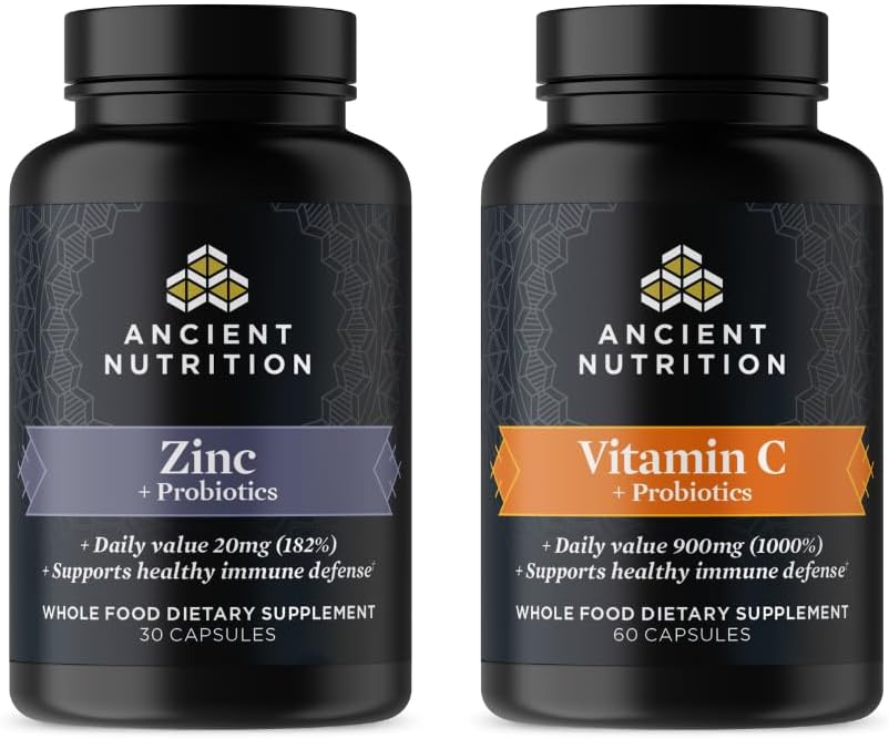 Zinc and Vitamin C Supplement Combo Pack - 30 Count Zinc + 60 Count Vitamin C - Ancient Nutrition