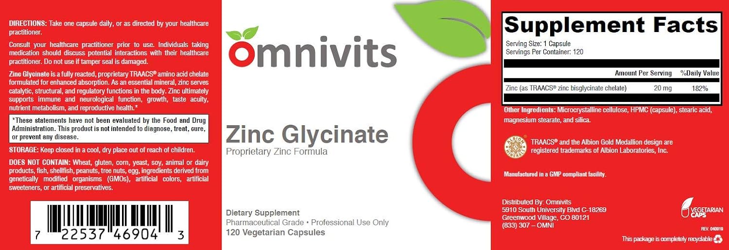 Zinc Bisglycinate Chelate 20mg Capsules for Immune Support and Antioxidant Boost - 120 Vegetarian Capsules by Omnivits