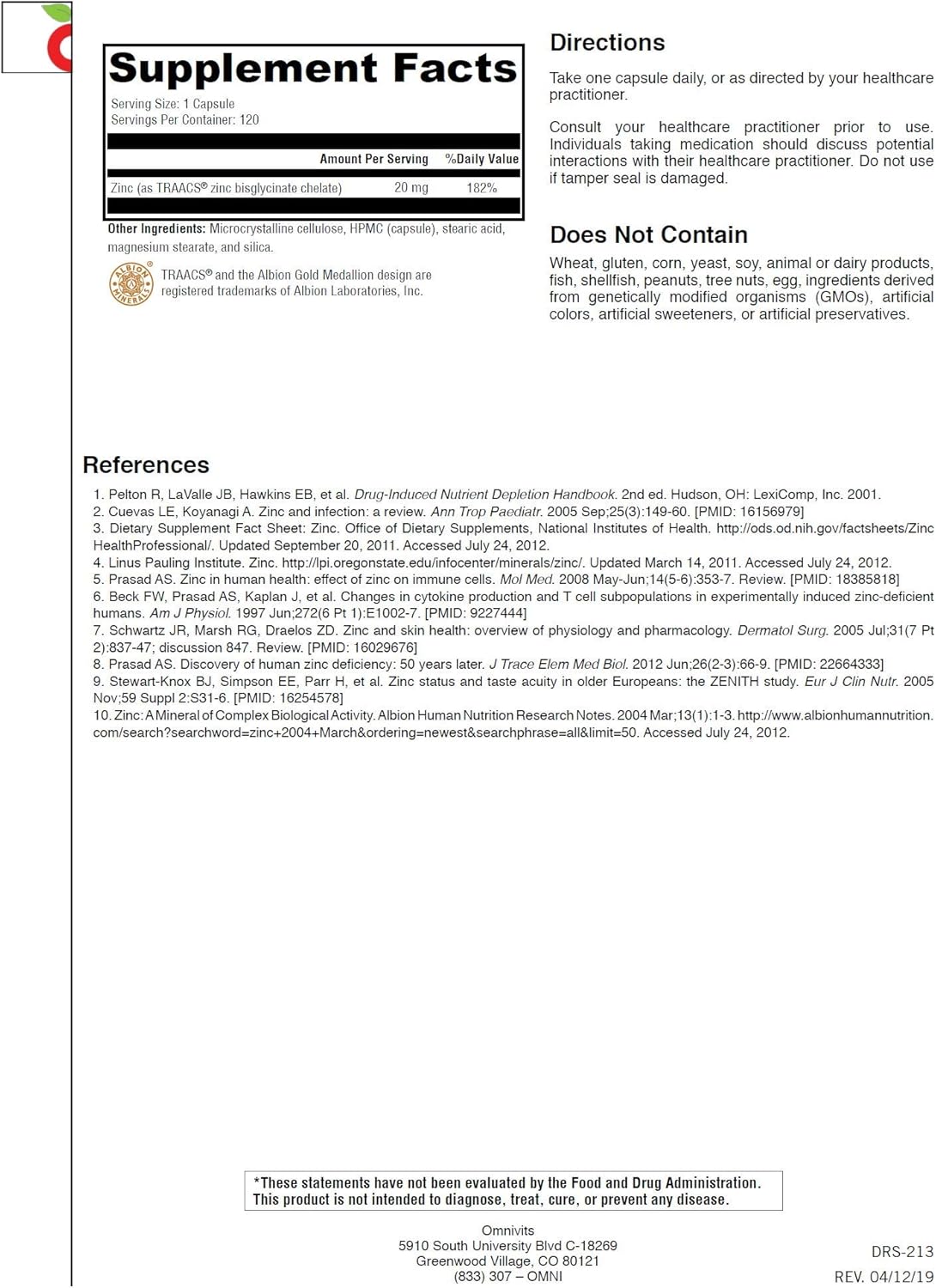 Zinc Bisglycinate Chelate 20mg Capsules for Immune Support and Antioxidant Boost - 120 Vegetarian Capsules by Omnivits