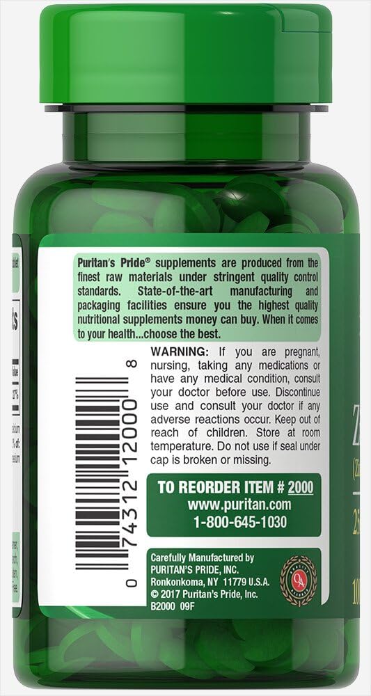 Zinc Chelate 25 mg 100 Tablets by Puritan's Pride - High Quality Supplement for Immune Support and Overall Health