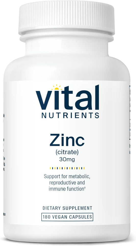 Zinc Citrate 30mg Capsules for Immune Support | Vegan, Non-GMO Zinc Supplement | Easy Absorption Formula | 180 Count