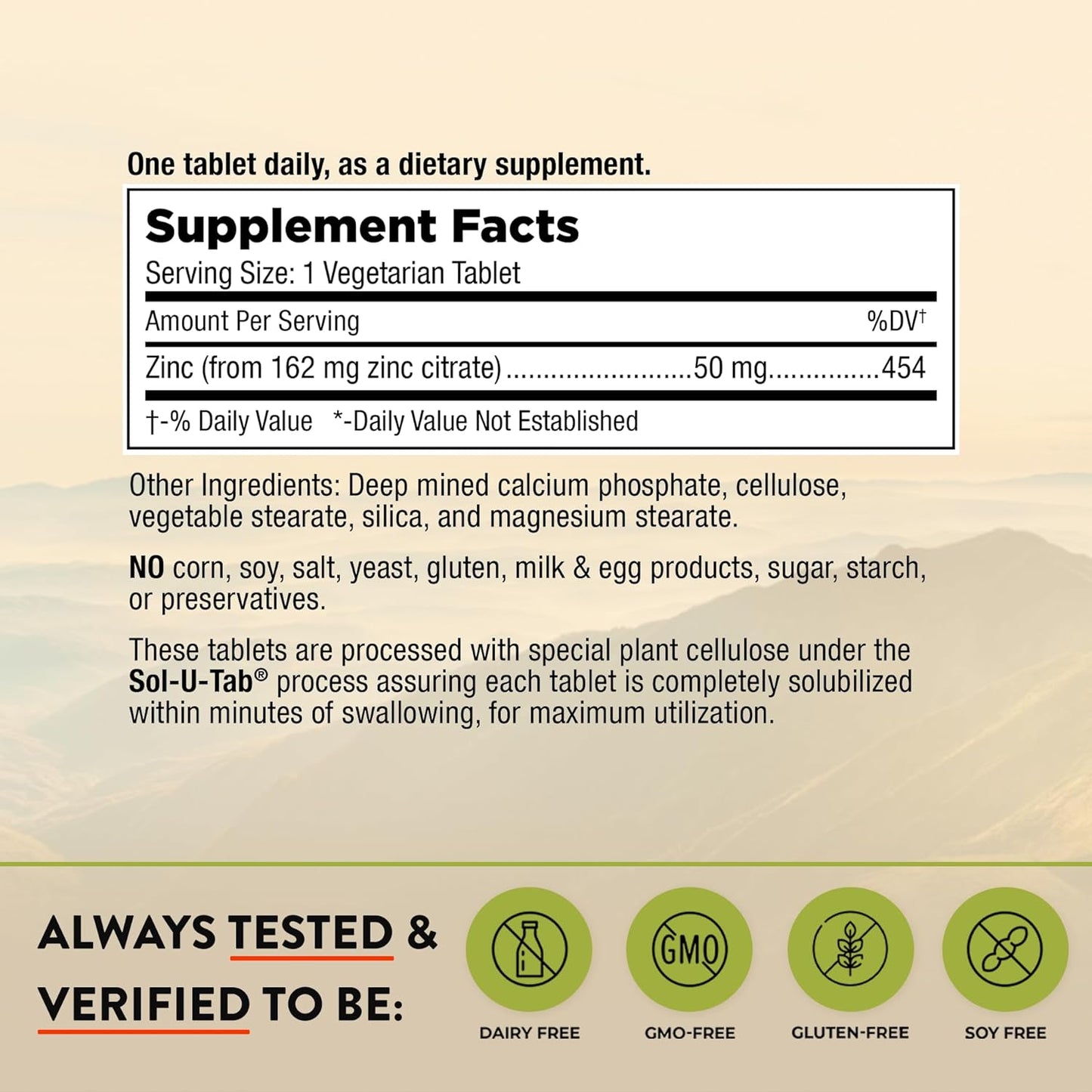 Zinc Citrate 50mg Vegetarian Tablets - USA Made Natural Zinc Supplements - 60 Count