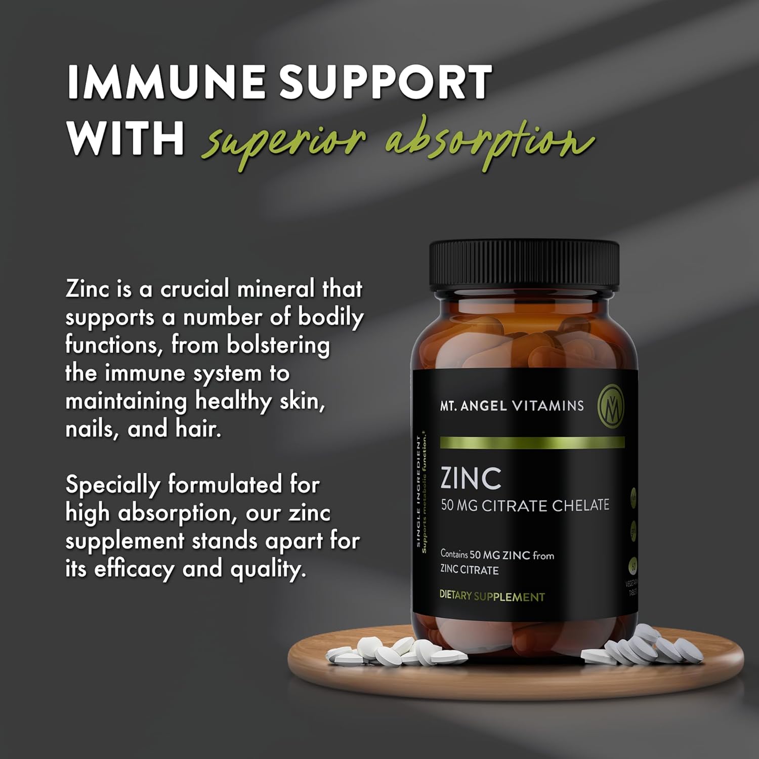 Zinc Citrate 50mg Vegetarian Tablets - USA Made Natural Zinc Supplements - 60 Count