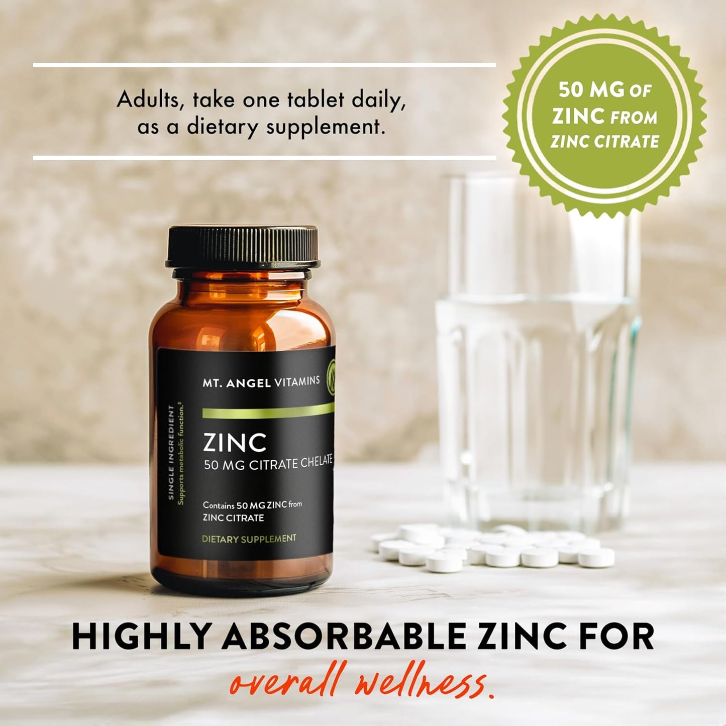Zinc Citrate 50mg Vegetarian Tablets - USA Made Natural Zinc Supplements - 60 Count