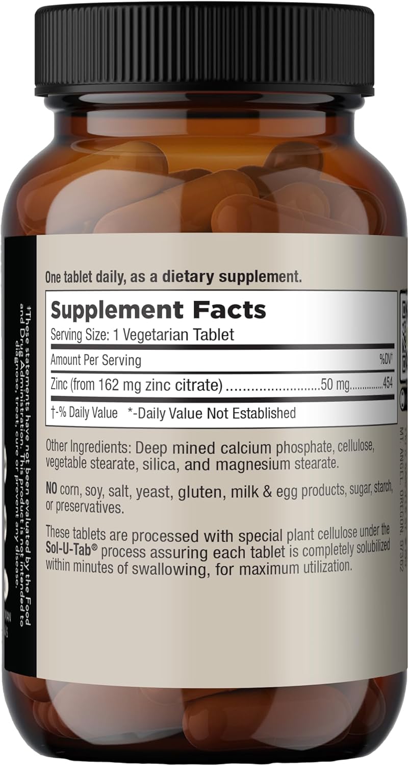 Zinc Citrate 50mg Vegetarian Tablets - USA Made Natural Zinc Supplements - 60 Count