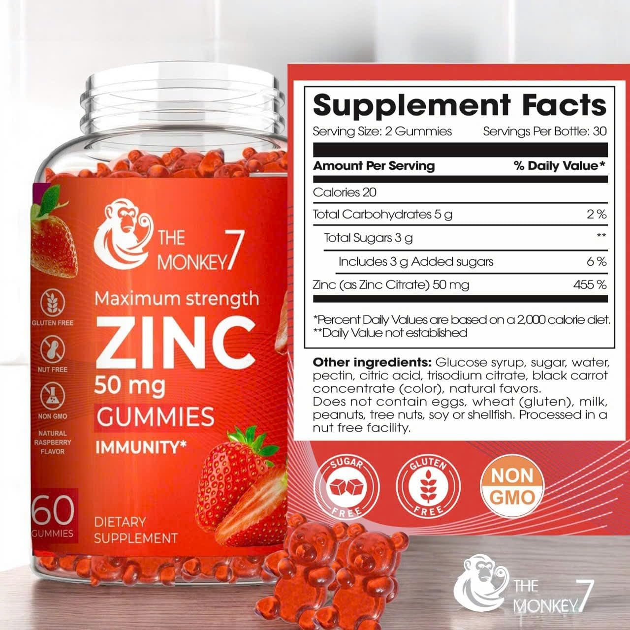 Zinc Citrate Gummies 50mg - Maximum Strength Immune Support for Women - Gluten Free Vegan Zinc Gummy Bears - 2 Pack