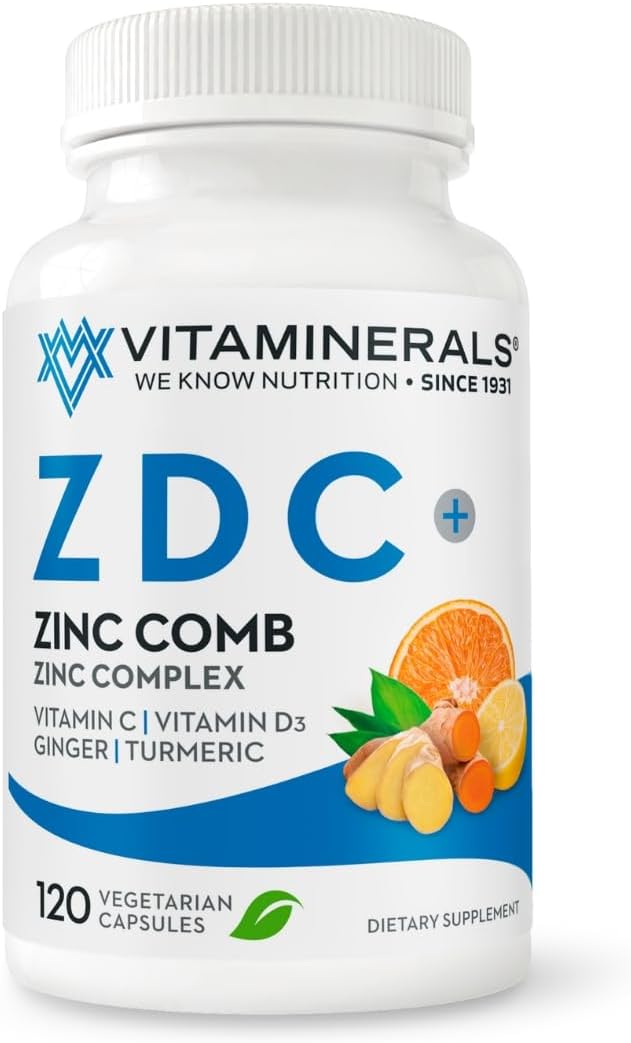 Zinc Complex 50mg with Vitamin D3 250mcg and Vitamin C 500mg Vegetarian Capsules - Immune Support Supplement with Ginger, Lysine, and Turmeric - 120 Servings