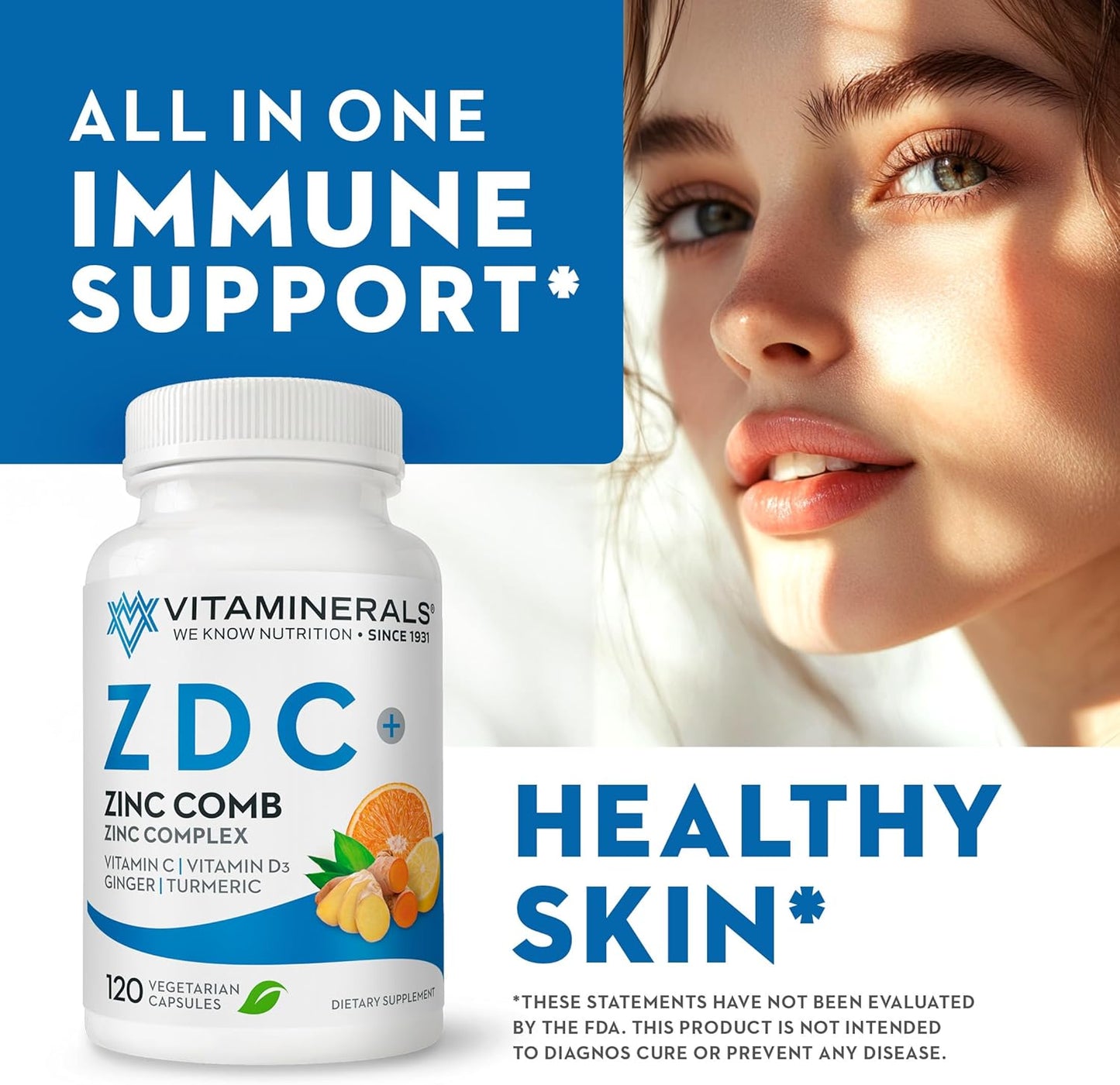 Zinc Complex 50mg with Vitamin D3 250mcg and Vitamin C 500mg Vegetarian Capsules - Immune Support Supplement with Ginger, Lysine, and Turmeric - 120 Servings