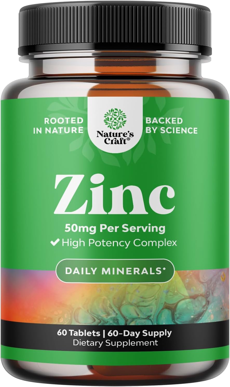 Zinc Complex Supplement for Immune System Support, Hair, Skin, Nails - Potent 50mg Tablets for Adults - Natures Craft Immune Boost