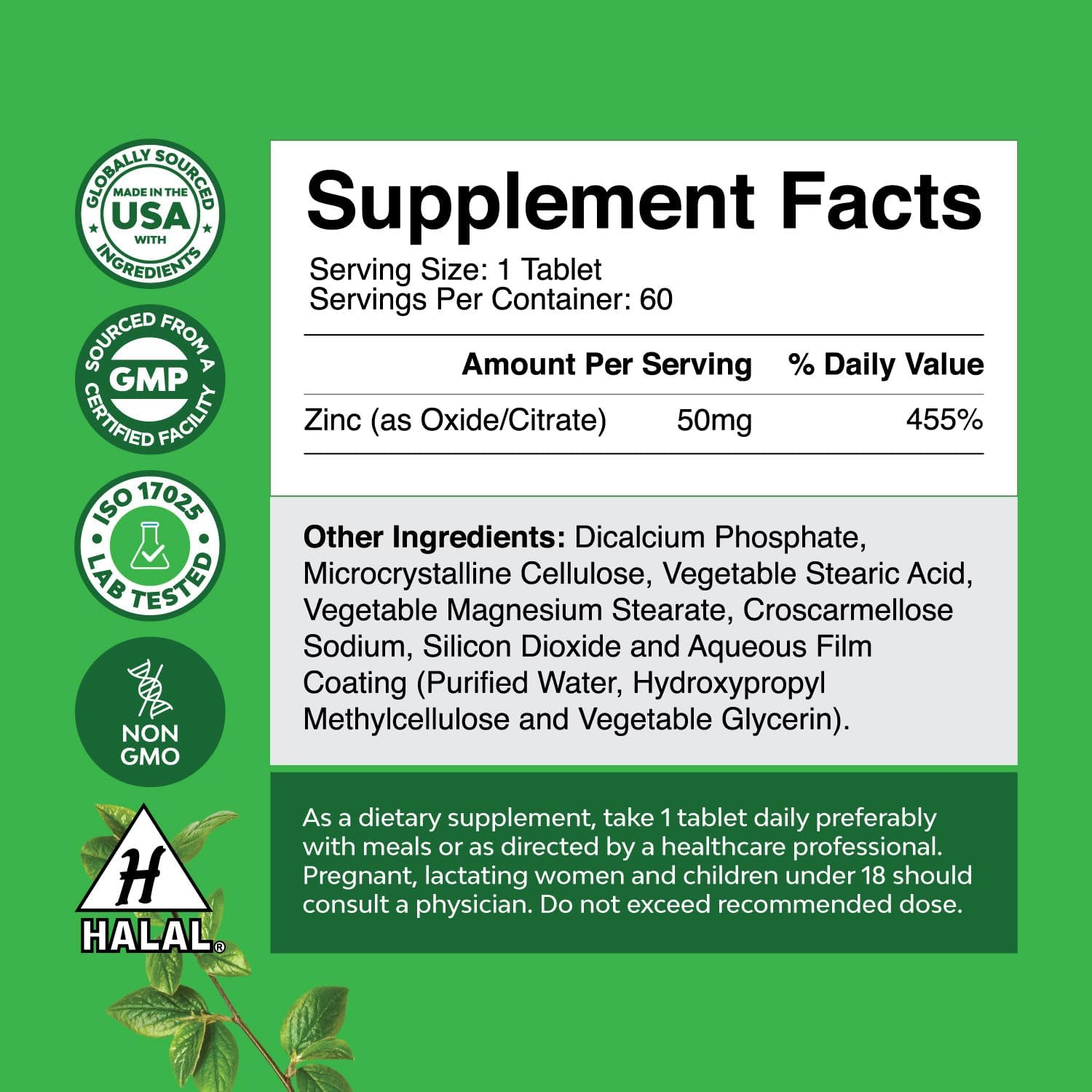 Zinc Complex Supplement for Immune System Support, Hair, Skin, Nails - Potent 50mg Tablets for Adults - Natures Craft Immune Boost