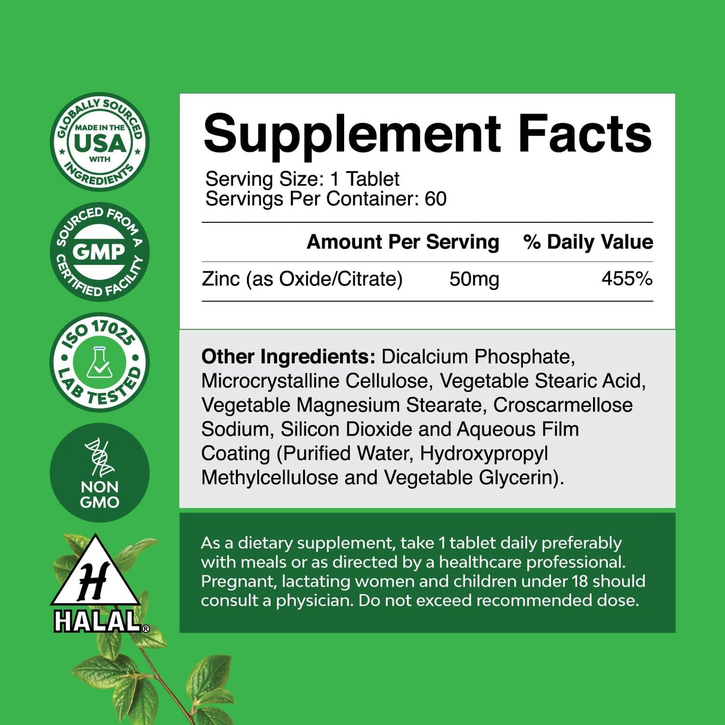 Zinc Complex Supplement for Immune System Support, Hair, Skin, Nails - Potent 50mg Tablets for Adults - Natures Craft Immune Boost