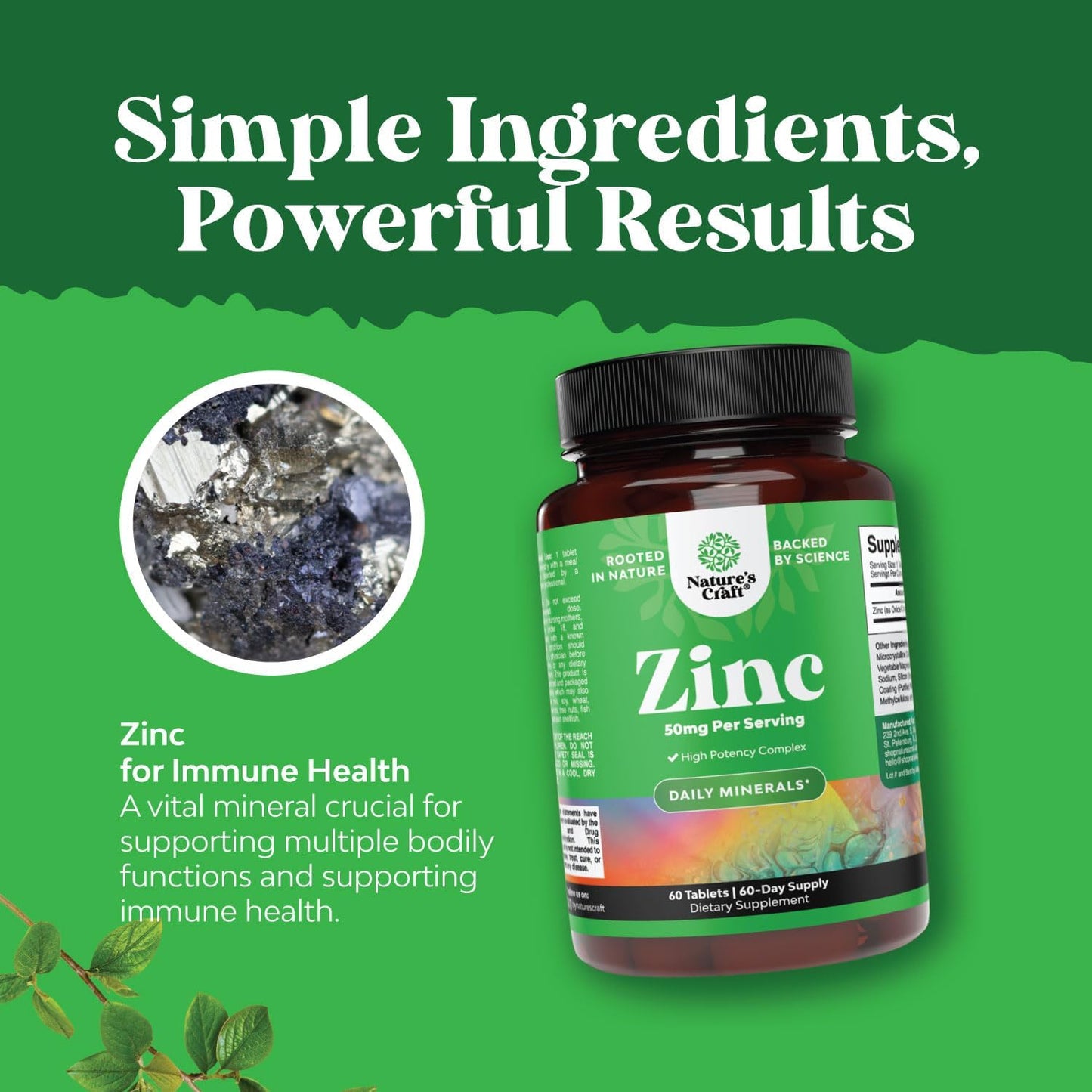 Zinc Complex Supplement for Immune System Support, Hair, Skin, Nails - Potent 50mg Tablets for Adults - Natures Craft Immune Boost