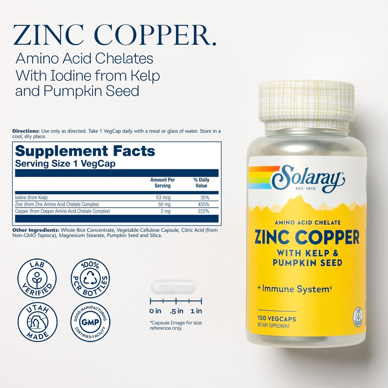 Zinc Copper Amino Acid Chelate Supplement - Immune Support with Chelated Zinc 50mg - Bone, Skin, Heart, and Thyroid Health - Iodine from Kelp, 60-Day Guarantee - 100 Servings, 100 VegCaps