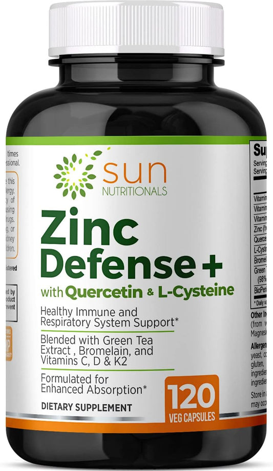 Zinc Defense+ Supplement with Quercetin, Bromelain, L-Cysteine, EGCG, Vitamins C, D3 & K2 - 120 VCaps, Non-GMO, Gluten Free - 2-Month Supply