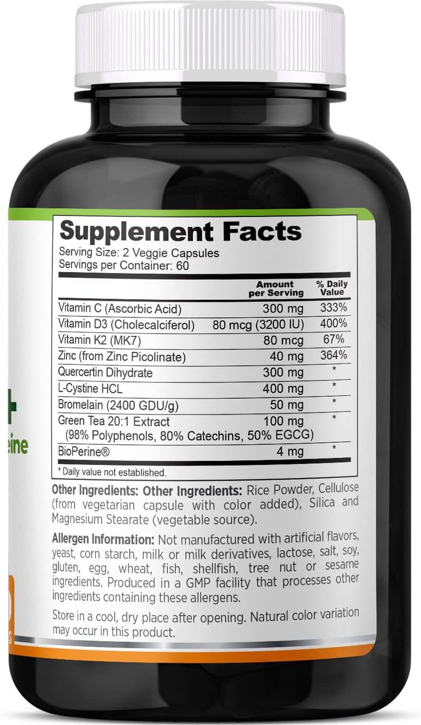 Zinc Defense+ Supplement with Quercetin, Bromelain, L-Cysteine, EGCG, Vitamins C, D3 & K2 - 120 VCaps, Non-GMO, Gluten Free - 2-Month Supply