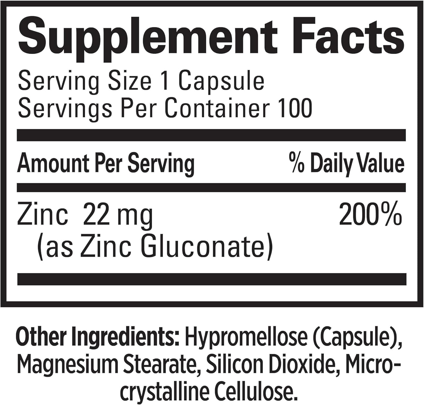Zinc Gluconate 22mg Daily Immunity Support Supplement for Women & Men - Energy Boost, Healthy Eyes, Hair, Skin & Nails - 100 Capsules